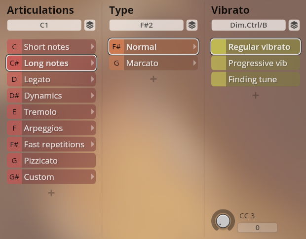 A digital audio workstation (DAW) interface displaying sound articulation, type, and vibrato controls for Studio Appassionata Strings Sordino, with Long notes, Normal, and Regular vibrato selected.