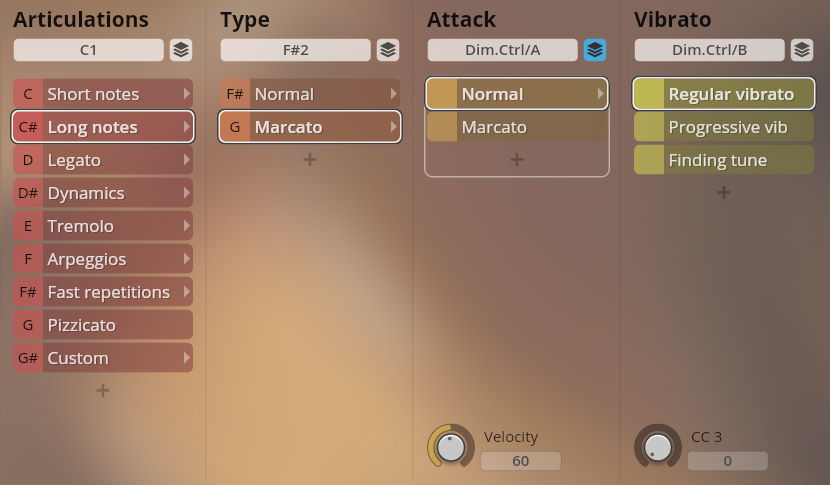 Graphical user interface displaying sound modulation options for Studio Appassionata Strings Sordino, featuring selectable articulations like Long notes, attack types such as Normal, and vibrato settings including Regular vibrato, alongside velocity and CC controls.