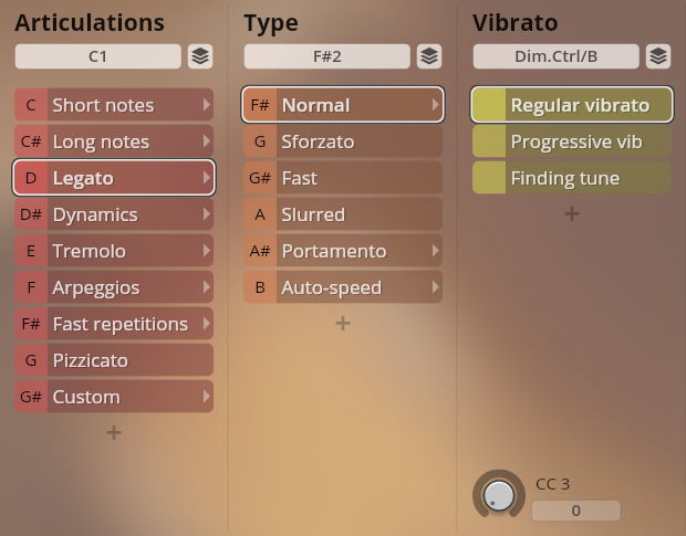 Software interface displaying sound library articulation, type, and vibrato options for Studio Appassionata Strings Sordino, with Legato and Regular vibrato selected.