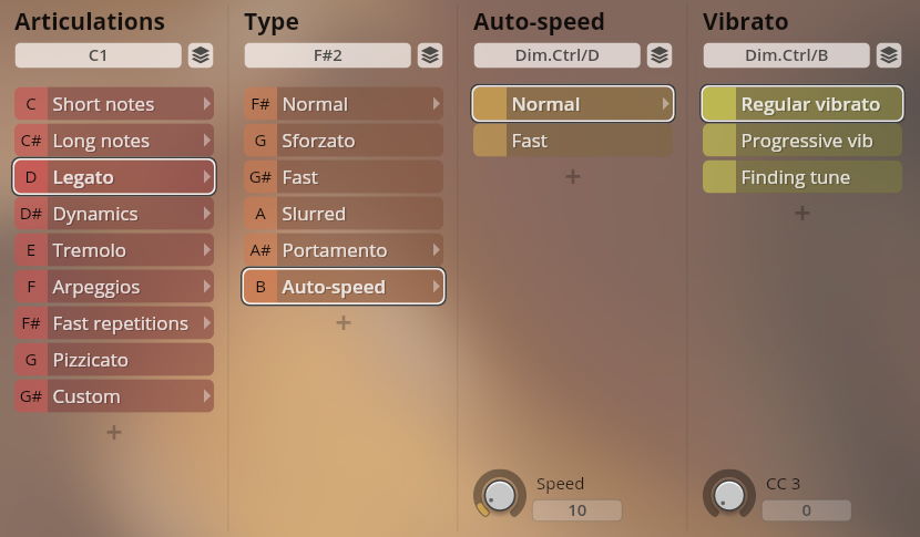 Studio Appassionata Strings Sordino user interface showing articulations like legato, pizzicato, tremolo, and dynamics, with options for auto-speed and vibrato settings.