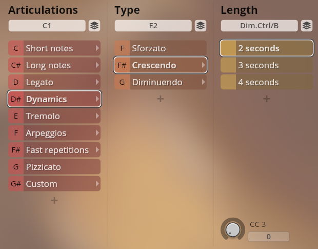 Digital audio workstation interface displaying articulation, type, and length controls for Studio Appassionata Strings Sordino, with Dynamics and Crescendo selected, and a 2-second length option highlighted.
