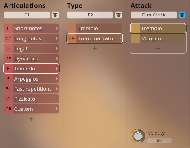 Software interface showing Articulations, Type, and Attack settings for Studio Appassionata Strings Sordino, with Tremolo selected under Articulations and Marcato under Attack.