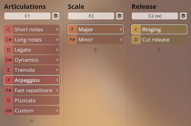 Studio Appassionata Strings Sordino software interface showing Articulations, Scale, and Release parameters. Articulations includes options for Short notes, Long notes, Legato, Dynamics, Tremolo, Arpeggios, Fast repetitions, Pizzicato, and Custom. Scale offers F Major and F# Minor. Release options are Ringing and Cut Release.