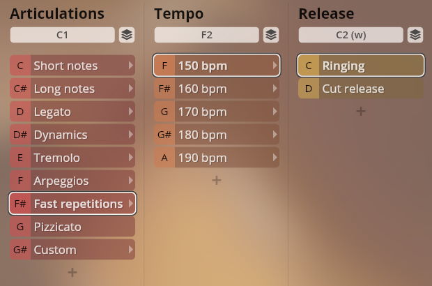 Software interface with settings for Studio Appassionata Strings Sordino, showcasing Articulations (Fast repetitions selected), Tempo, and Release (Ringing selected) options.