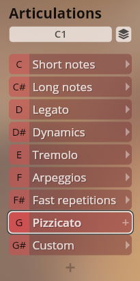 Studio Appassionata Strings articulations menu showing options like Short notes, Long notes, Legato, Dynamics, Tremolo, Arpeggios, Fast repetitions, Pizzicato, and Custom, with C1 selected.