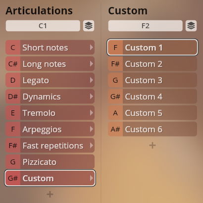 Studio Appassionata Strings Sordino audio software interface showing Articulations and Custom selection menus for musical instrument sounds like short notes, legato, dynamics, tremolo, arpeggios, fast repetitions, pizzicato, and custom sound settings.
