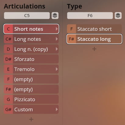 User interface displaying Articulations and Type settings for Studio Appassionata Strings Sordino, featuring options like Short notes, Long notes, Sforzato, Tremolo, Pizzicato, Staccato short, and Staccato long.