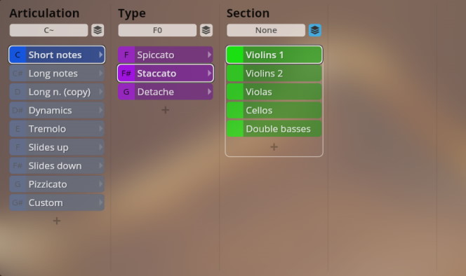 Studio Appassionata Strings interface displaying articulation, type, and section selections for orchestral virtual instruments, with Staccato and Violins 1 highlighted.
