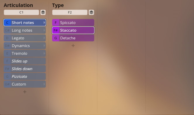 Studio Appassionata Strings interface showing Articulation and Type options with Short Notes and Staccato selected.