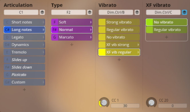 Screenshot of the Studio Appassionata Strings interface showing articulation, type, vibrato, and XF vibrato controls with various selectable options like long notes, normal, strong vibrato, and no vibrato.