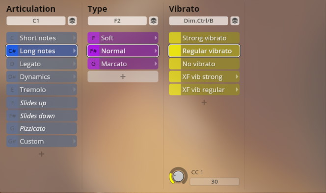 Studio Appassionata Strings interface displaying Articulation, Type, and Vibrato settings with Long notes, Normal, and Regular vibrato selected.