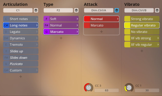 Studio Appassionata Strings software interface showing musical articulation, type, attack, and vibrato controls with Long Notes, Marcato, and Regular Vibrato selected.