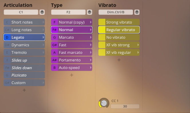 User interface showing articulation, type, and vibrato controls for Studio Appassionata Strings, with Legato, Normal, and Regular vibrato selected.