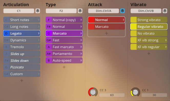 User interface showing Studio Appassionata Strings articulation, type, attack, and vibrato controls with Legato, Marcato, and Regular vibrato selected.