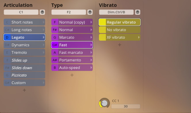 Screenshot of the Studio Appassionata Strings interface showing customization options for articulation type and vibrato settings.