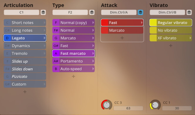 A screenshot of the Studio Appassionata Strings interface showing adjustable parameters for articulation, type, attack, and vibrato. Legato, Fast marcato, and Regular vibrato are highlighted in their respective columns.