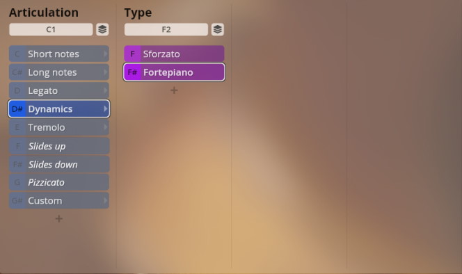 User interface for Studio Appassionata Strings showing Articulation and Type selection menus. The Articulation column displays options like Short notes, Long notes, Legato, Dynamics, Tremolo, Slides up, Slides down, Pizzicato, and Custom. Dynamics is highlighted. The Type column shows Sforzato and Fortepiano, which are selected as specific dynamic types for the strings.