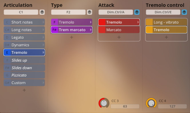 Screenshot of the Studio Appassionata Strings interface showing articulation, type, attack, and tremolo control options with Tremolo selected across multiple categories.