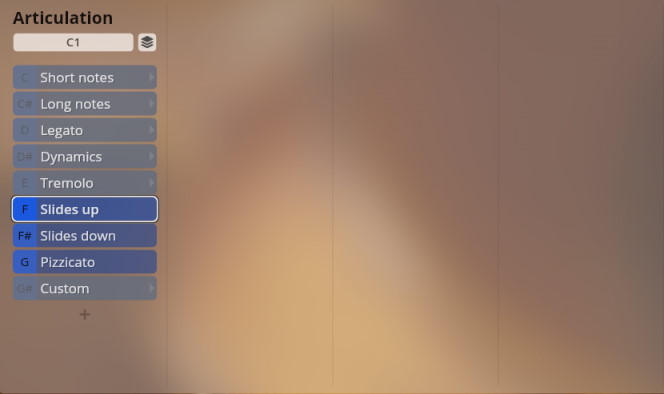 Articulation settings in music software showing options like Short notes, Long notes, Legato, Dynamics, Tremolo, Slides up, Slides down, Pizzicato, and Custom, with Slides up currently selected.