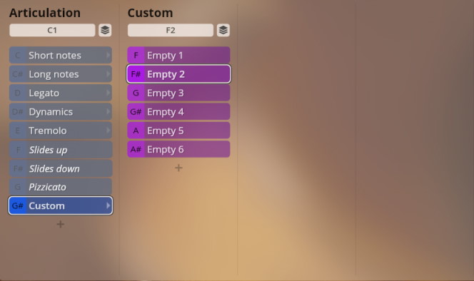 User interface displaying Studio Appassionata Strings articulation and custom sound options for music production software.