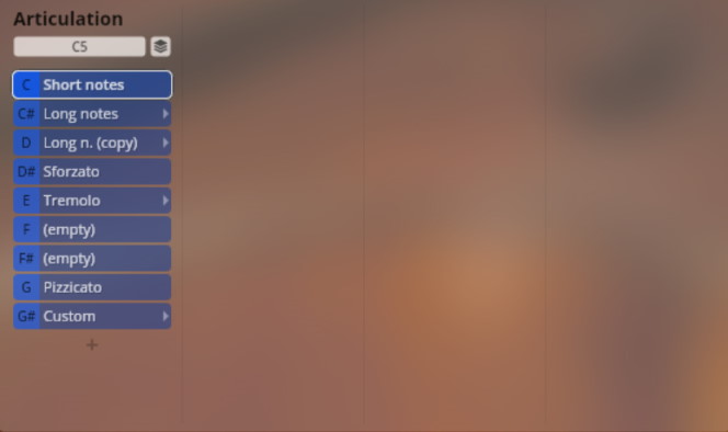 Digital interface displaying Articulation options for music software, featuring selectable instrument techniques like Short Notes, Long Notes, Sforzato, Tremolo, and Pizzicato for a string library.