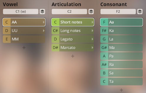 Vienna Symphonic Library Synchron Instruments vocal choir software interface showing selectable vowels (AA,UU,MM), articulations (short notes, long notes, legato, marcato), and consonants (Aa, Ka, La, Ma, Pa, Ra, Sa, Ta) for sound manipulation.