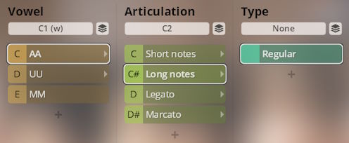 Vienna Symphonic Library Synchron Instruments interface displaying Vowel, Articulation (Short notes, Long notes, Legato, Marcato), and Type (Regular) selection options.