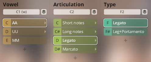 User interface displaying settings for vocal sound parameters, including Vowel (AA, UU, MM), Articulation (Short notes, Long notes, Legato, Marcato), and Type (Legato, Leg+Portamento), optimized for the Vienna Symphonic Library Synchron Instruments.