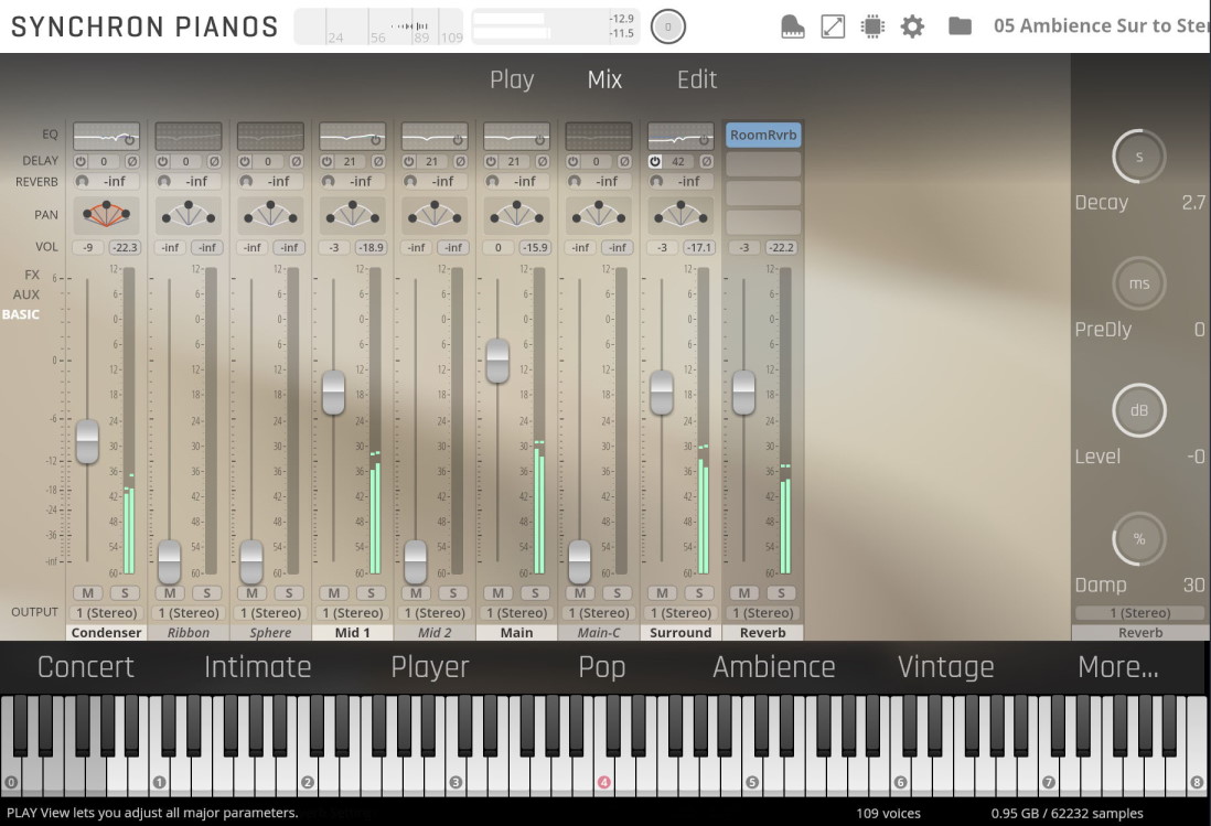 Digital audio workstation (DAW) interface for Synchron Pianos, showing mixing controls including faders, pan, and effects, with a virtual piano keyboard at the bottom, optimized for a German Upright piano.
