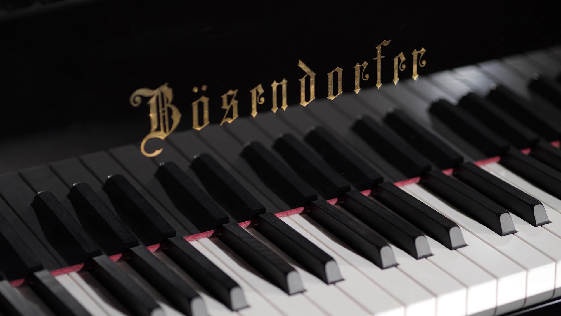Close-up of a black Bösendorfer grand piano keyboard, showing white and black keys with the golden Bösendorfer logo clearly visible.