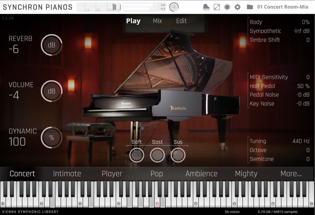 A computer screen displaying the Synchron Pianos software interface for the Bösendorfer Imperial virtual piano, featuring a realistic image of the grand piano, sound controls like reverb, volume, and dynamic range, playable keyboard, and various effect and room mix settings.