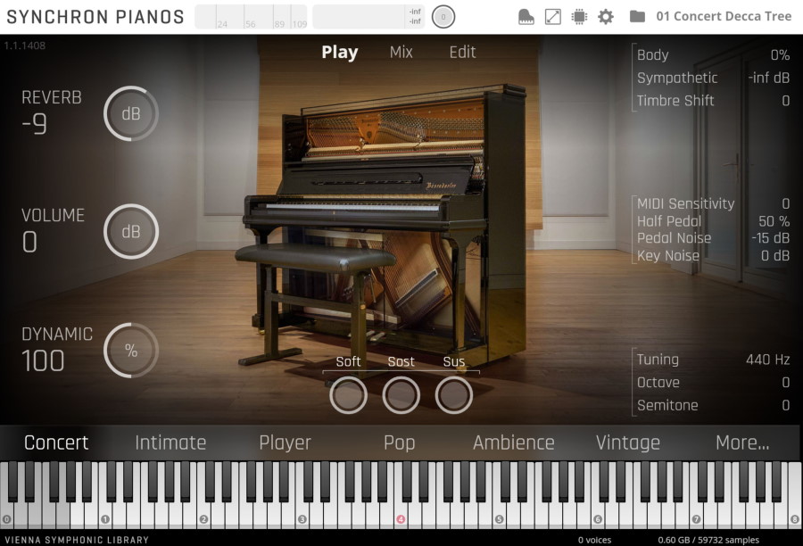 Software interface displaying a vintage C. Bechstein upright piano, its internal mechanics visible, with adjustable parameters like reverb, volume, dynamic, and MIDI settings for detailed sound customization.