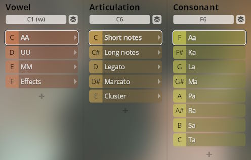 Vienna Symphonic Library Synchron Instruments vocal library user interface showing Vowel, Articulation, and Consonant selection options for Basso Profondo orchestral samples, including AA, UU, MM, Effects, Short notes, Long notes, Legato, Marcato, Cluster, Aa, Ka, La, Ma, Pa, Ra, Sa, and Ta presets.