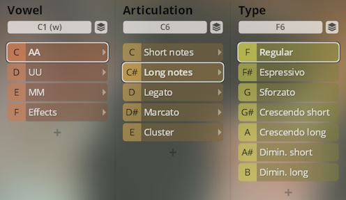 Vienna Symphonic Library Synchron Instruments vocal articulation settings with Vowel, Articulation, and Type options.