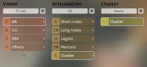 Vienna Symphonic Library Synchron Instruments interface showing Vowel, Articulation, and Cluster options for vocal libraries, with AA, UU, MM, Effects, Short notes, Long notes, Legato, Marcato, and Cluster selections visible.
