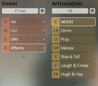 Screenshot of a digital audio workstation (DAW) interface showing Vienna Symphonic Library Synchron Instruments vocal articulation and vowel selection options.