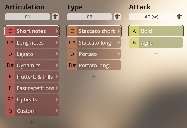 Vienna Symphonic Library Synchron Brass instrument interface showing selectable articulation, type, and attack parameters like staccato, legato, and dynamics.