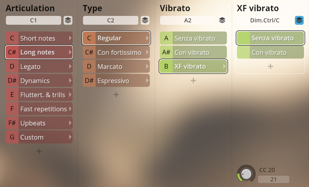 Synchron Brass software interface displaying options for articulation, type, vibrato, and XF vibrato, with Long notes, Regular, and XF vibrato selected.