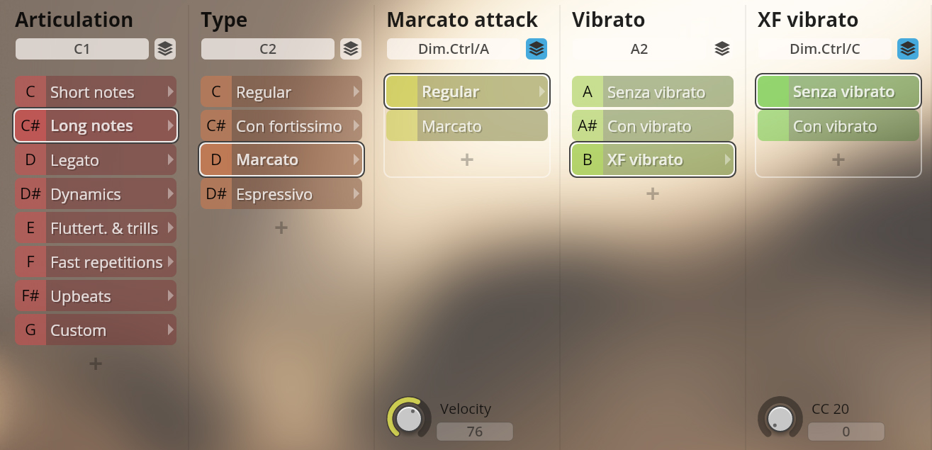 Vienna Symphonic Library Synchron Brass interface with controls for articulation, type, Marcato attack, vibrato, and XF vibrato settings, showing Long notes and Marcato active.
