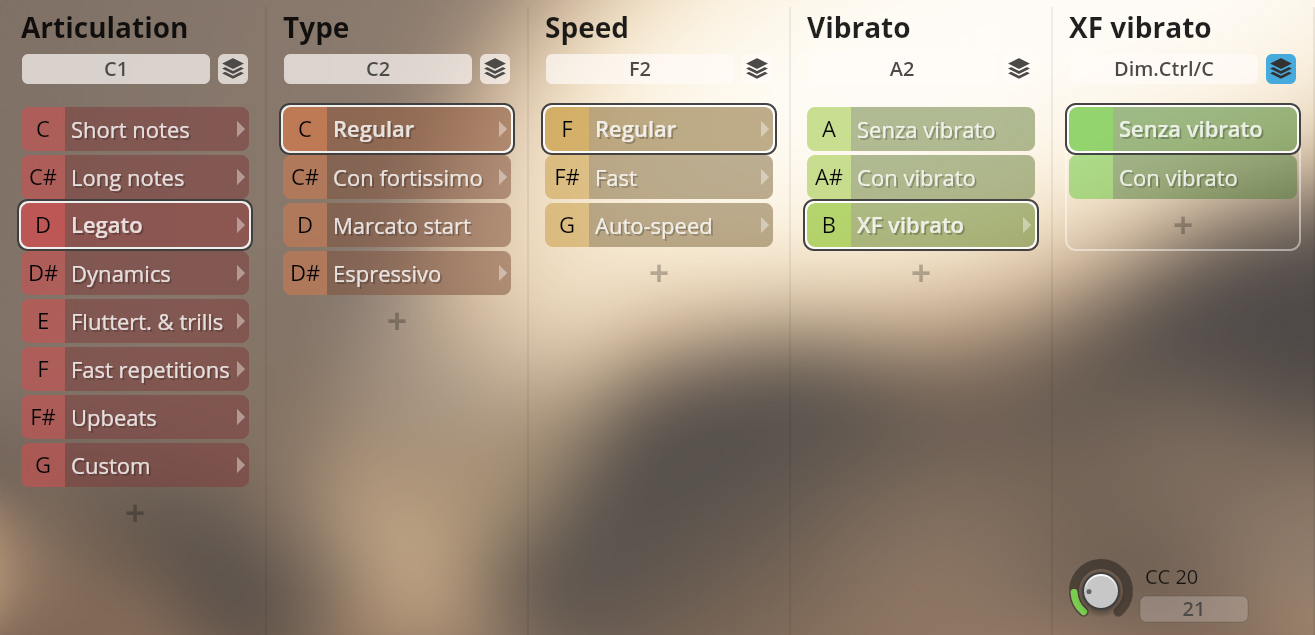 Vienna Symphonic Library Synchron Brass instrument software interface showing articulation, type, speed, and vibrato settings.