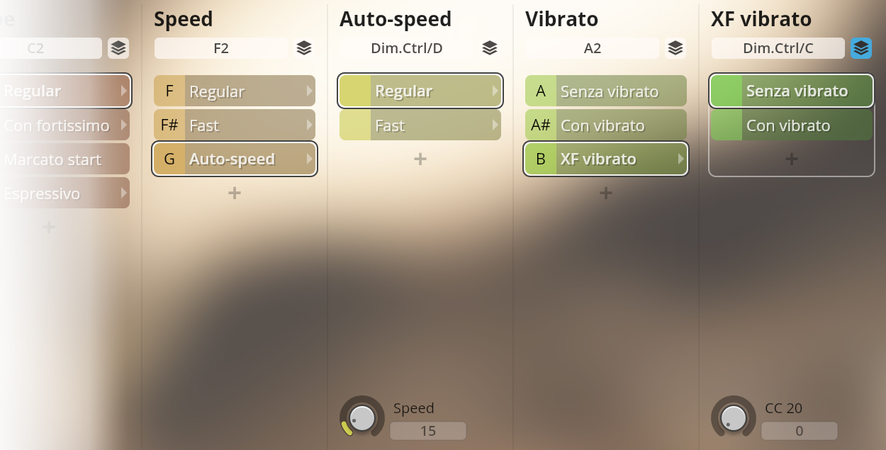 Vienna Symphonic Library Synchron Brass instrument interface showing options for Speed, Auto-speed, Vibrato, and XF vibrato settings with their respective control assignments and selectable parameters.