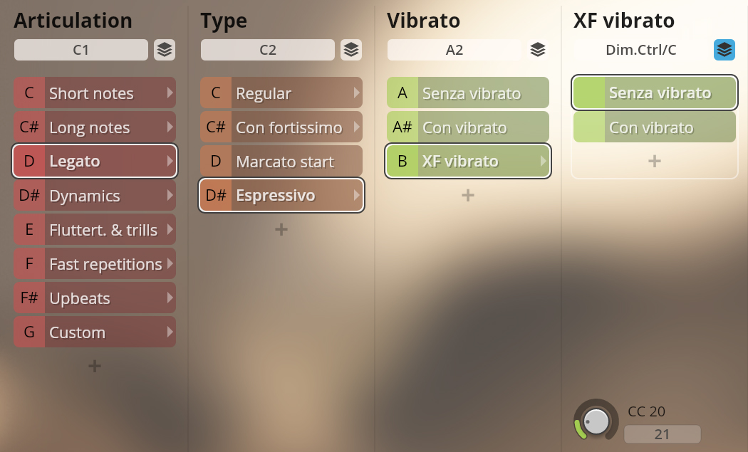 Vienna Symphonic Library Synchron Instruments user interface displaying articulation, type, vibrato, and XF vibrato settings, with Legato, Espressivo, and Senza vibrato options selected.