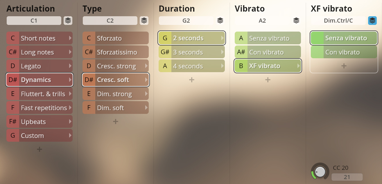 Vienna Symphonic Library Synchron Instruments user interface displaying articulation, type, duration, and vibrato settings.