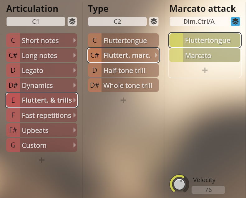 Vienna Symphonic Library Synchron Brass instrument interface showing articulation, type, and marcato attack options including fluttertongue and trills, with velocity set to 76.