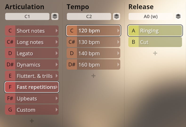 Vienna Symphonic Library Synchron Instruments user interface showing Articulation, Tempo, and Release settings for brass samples.