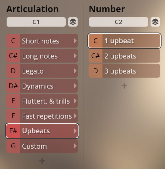 Screenshot of the Synchron Brass software interface showing articulation and number settings. The Articulation column lists Short Notes, Long Notes, Legato, Dynamics, Fluttert. & Trills, Fast Repetitions, Upbeats (highlighted), and Custom. The Number column shows 1 upbeat, 2 upbeats, and 3 upbeats, with 1 upbeat highlighted as selected.