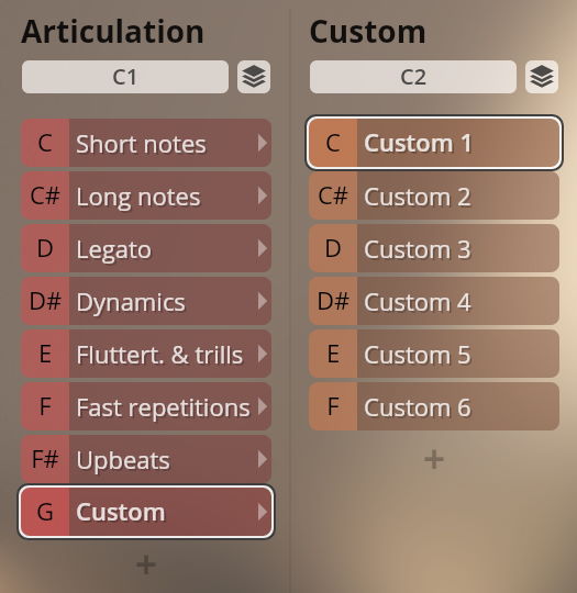 User interface for Vienna Symphonic Library Synchron Instruments showing articulation and custom sound options.