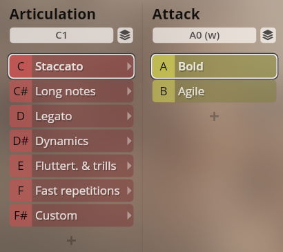 Vienna Symphonic Library Synchron Brass user interface showing articulation and attack options including staccato, long notes, legato, dynamics, and bold, agile attacks.