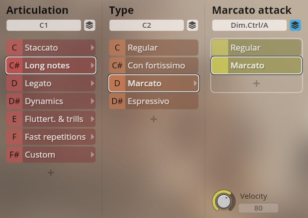 Vienna Symphonic Library Synchron Brass instrument interface showing articulation, type, and Marcato attack settings with Long notes and Marcato selected.