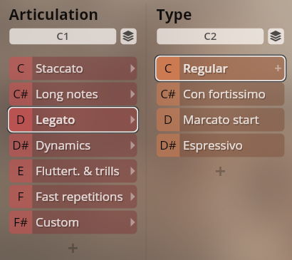 Synchron Brass instrument articulation and type selection interface with Legato and Regular highlighted.